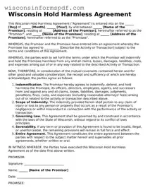 Fillable  Hold Harmless Agreement Document for Wisconsin
