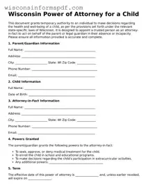 Fillable  Power of Attorney for a Child Document for Wisconsin