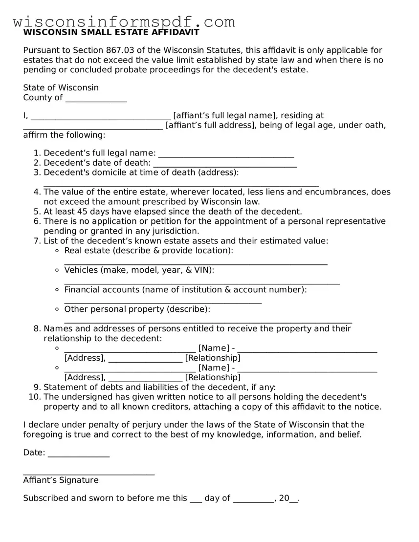 Fillable  Small Estate Affidavit Document for Wisconsin