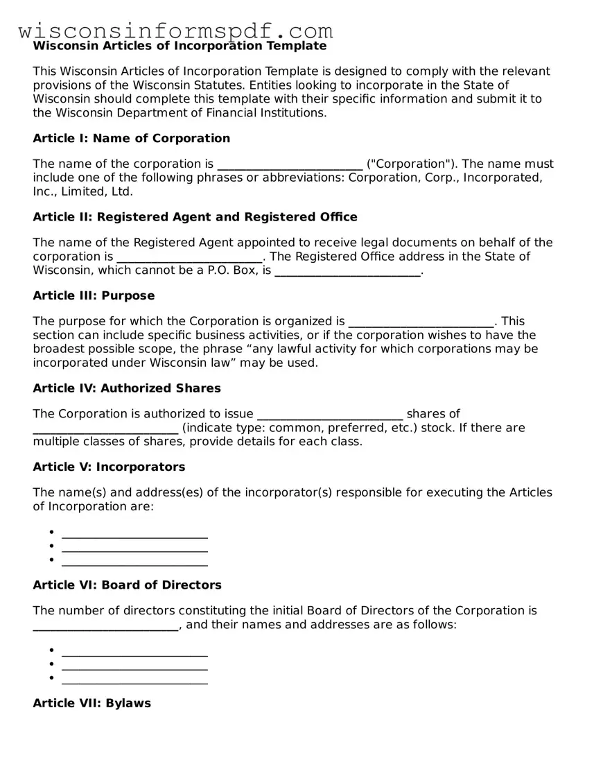 Fillable  Articles of Incorporation Document for Wisconsin