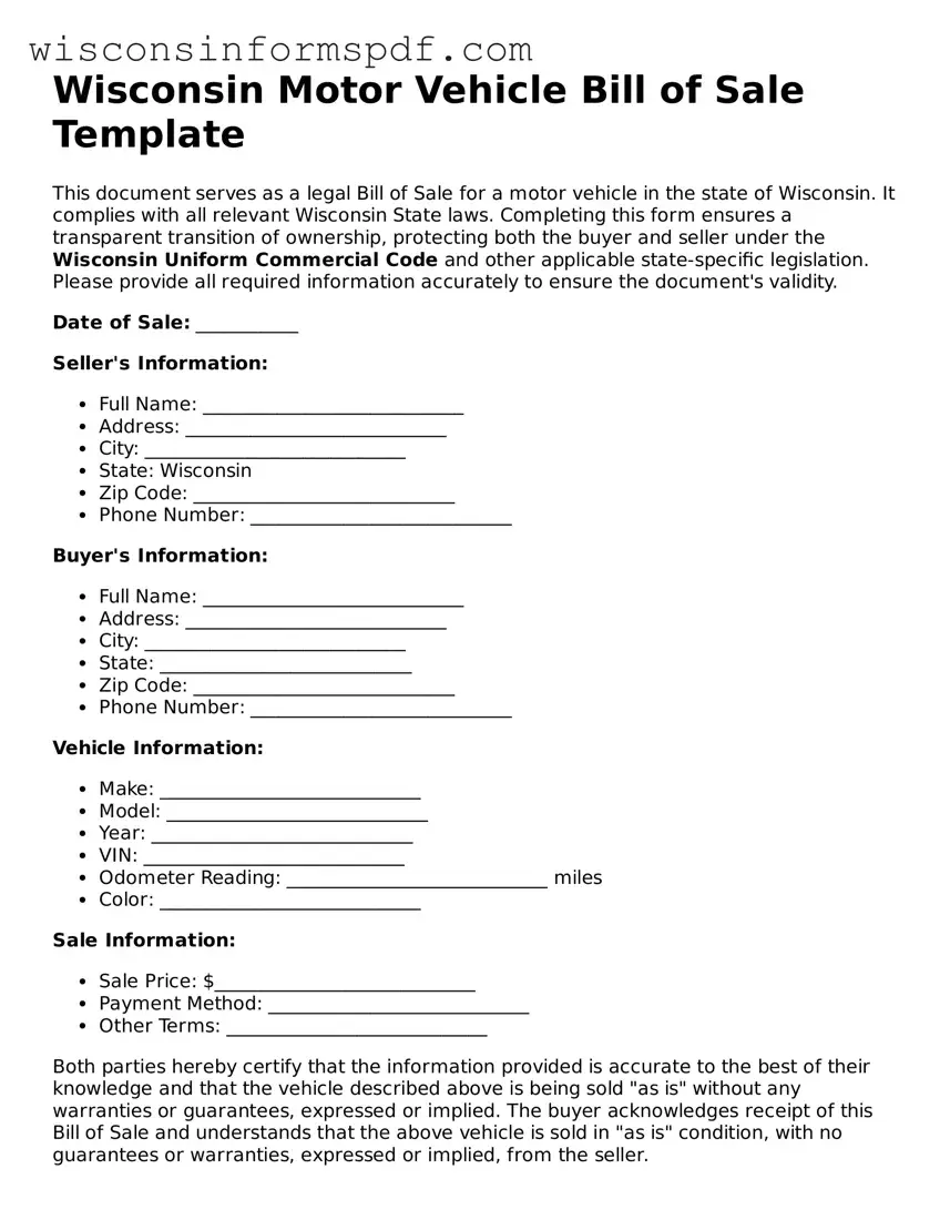 Fillable  Motor Vehicle Bill of Sale Document for Wisconsin