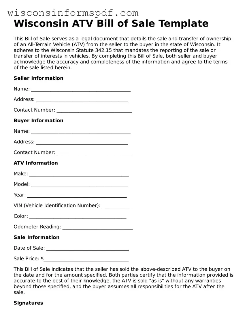 Fillable  ATV Bill of Sale Document for Wisconsin