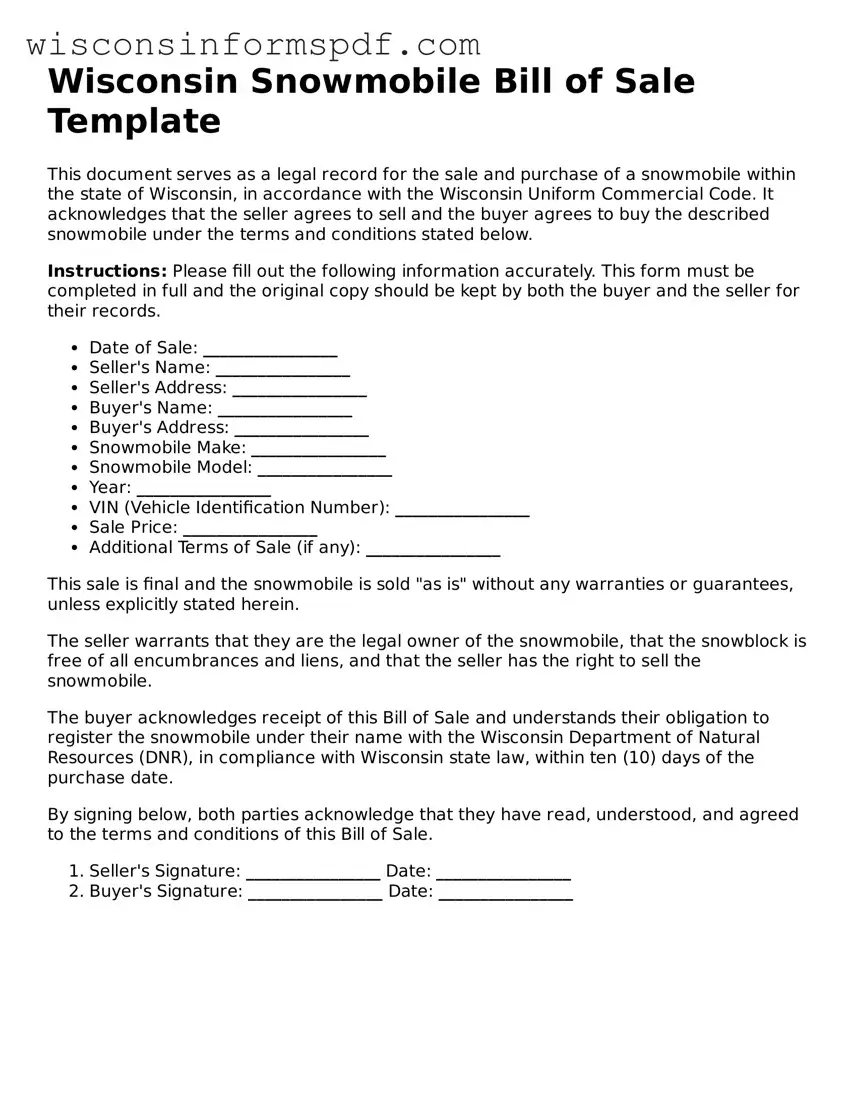 Fillable  Snowmobile Bill of Sale Document for Wisconsin