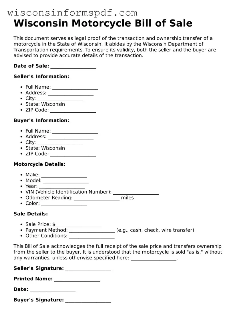 Fillable  Motorcycle Bill of Sale Document for Wisconsin