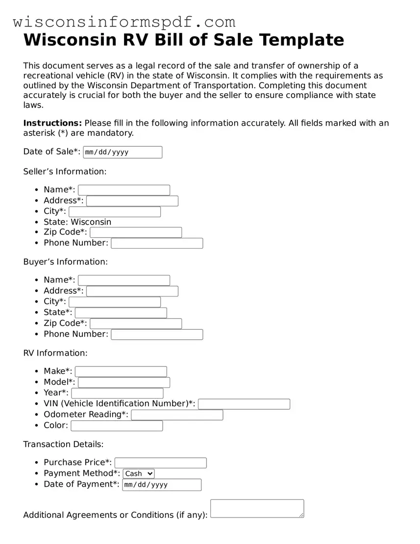 Fillable  RV Bill of Sale Document for Wisconsin