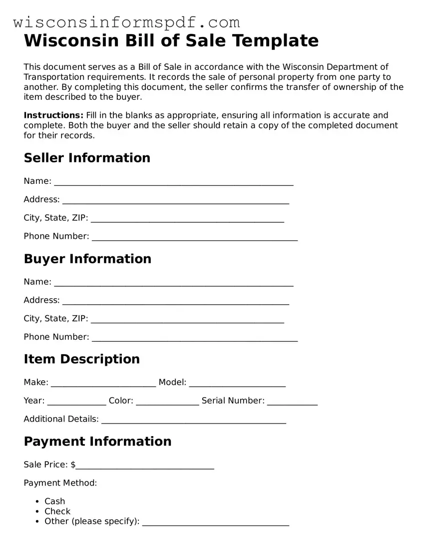 Fillable  Bill of Sale Document for Wisconsin