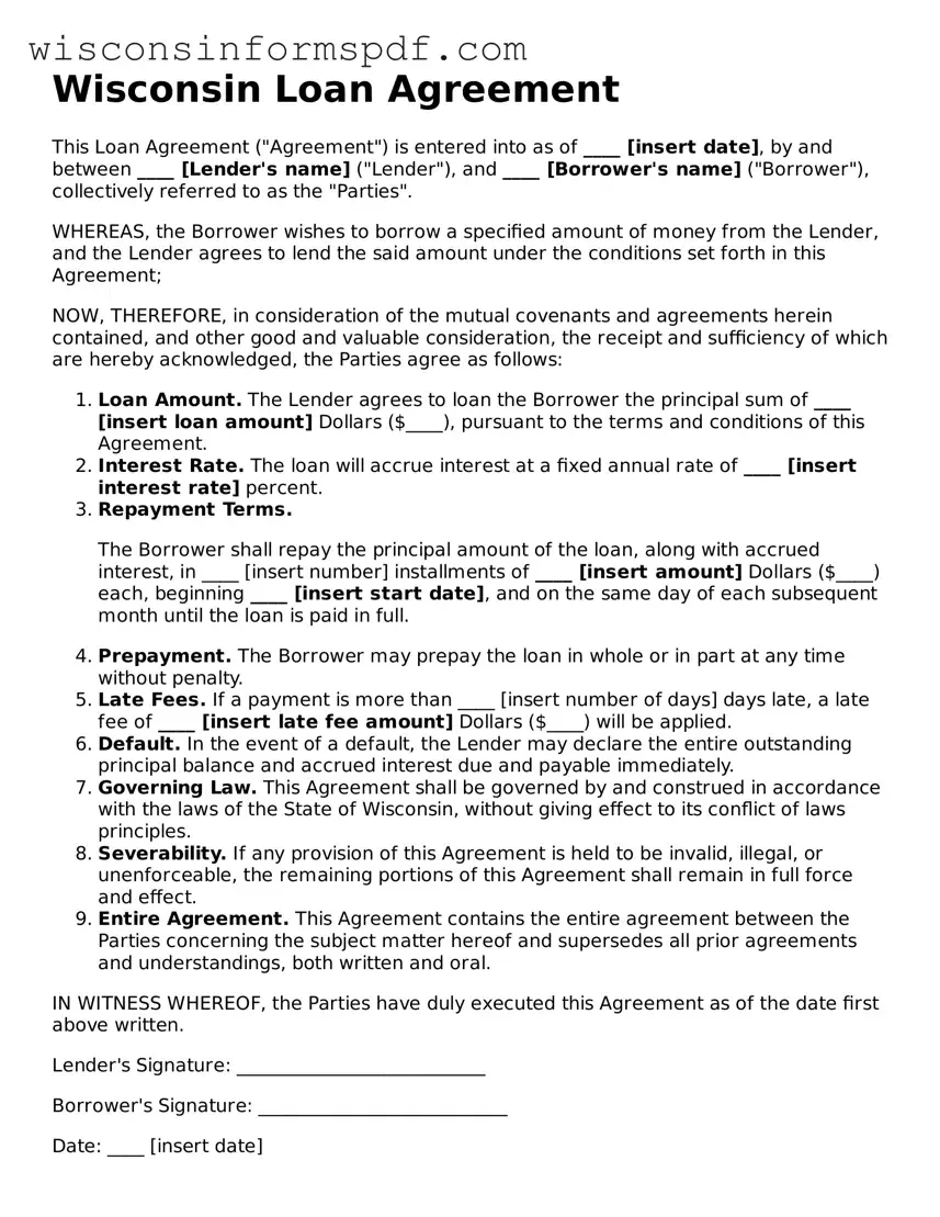 Fillable  Loan Agreement Document for Wisconsin