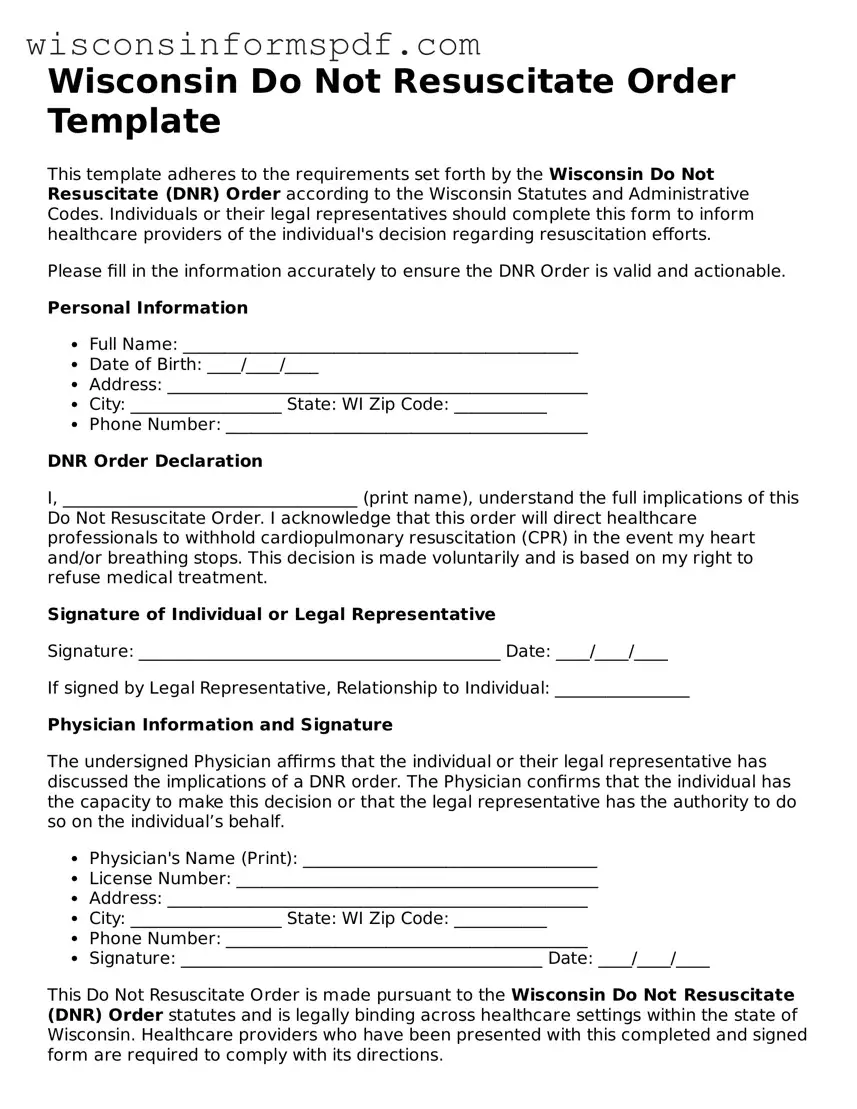 Fillable  Do Not Resuscitate Order Document for Wisconsin