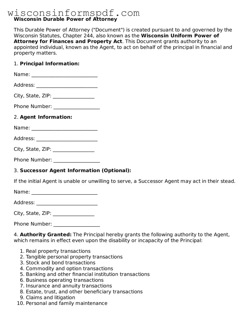 Fillable  Durable Power of Attorney Document for Wisconsin