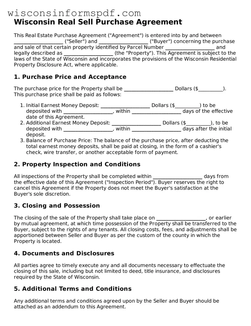 Fillable  Real Estate Purchase Agreement Document for Wisconsin