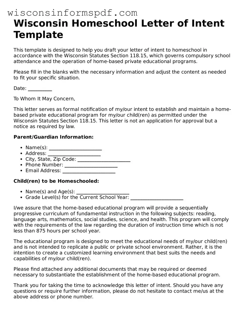 Fillable  Homeschool Letter of Intent Document for Wisconsin