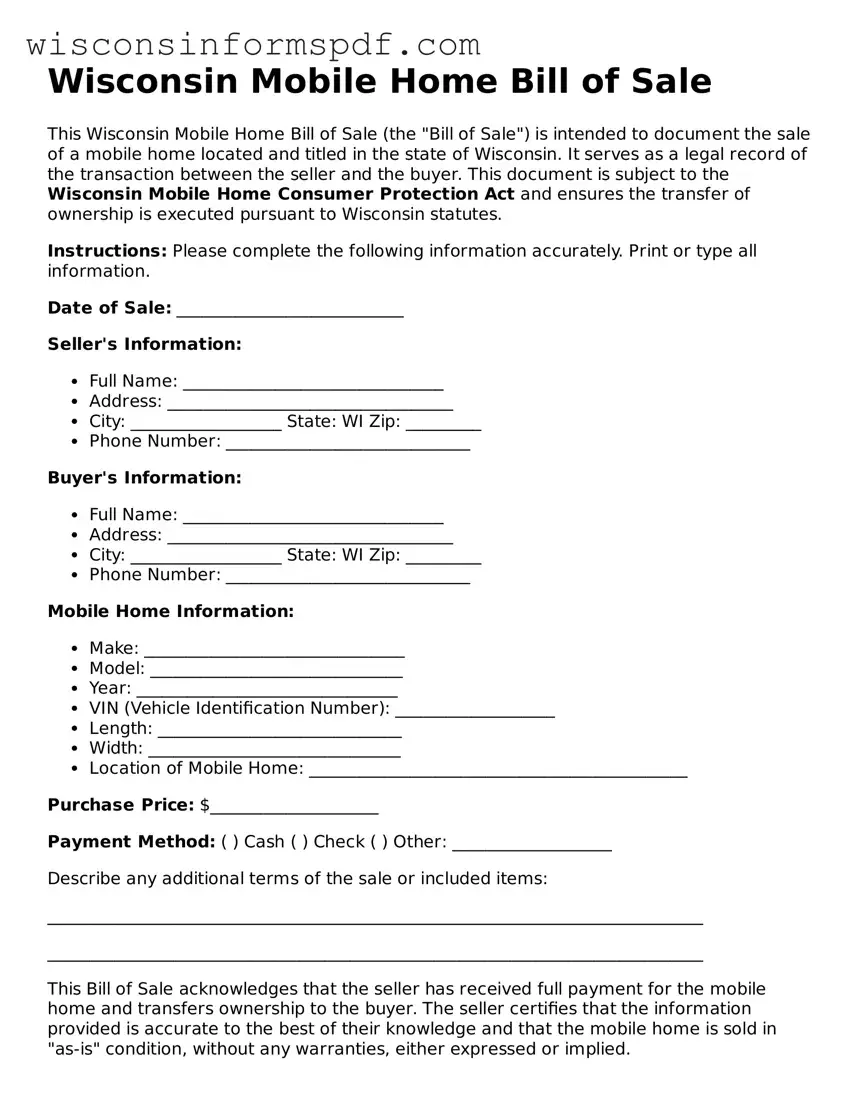 Fillable  Mobile Home Bill of Sale Document for Wisconsin