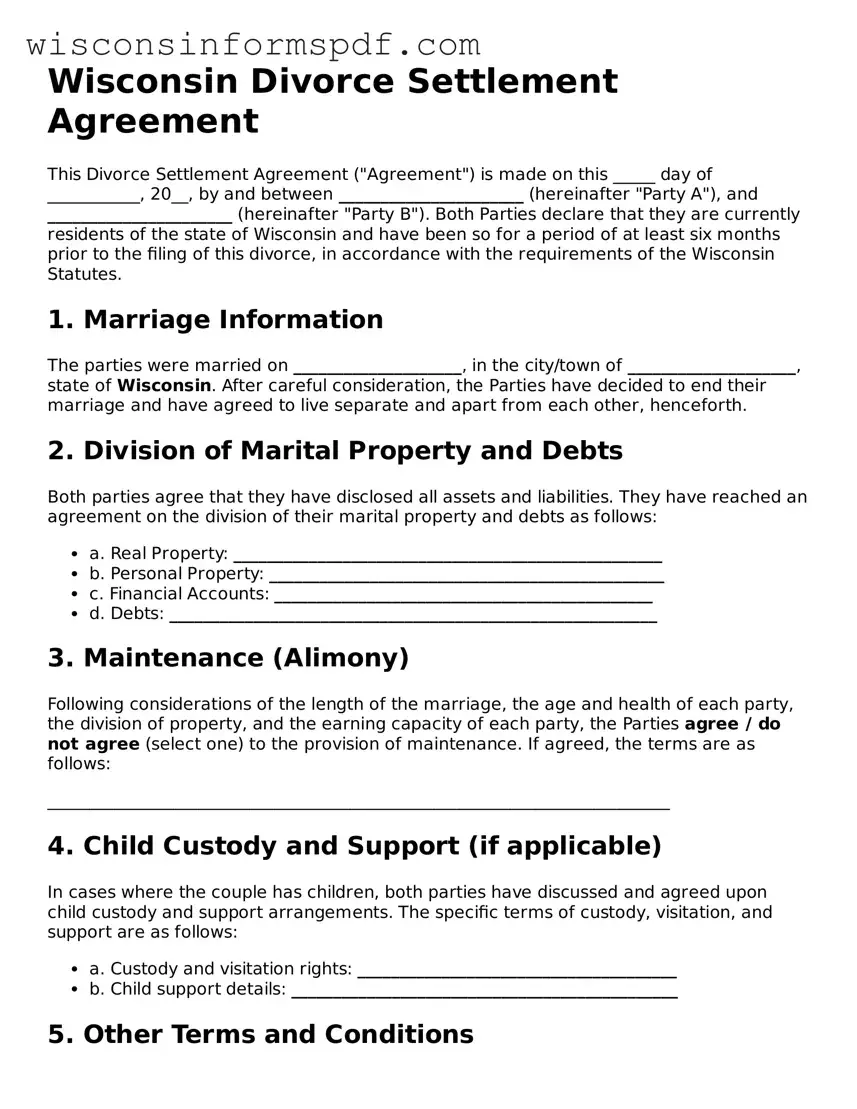 Fillable  Divorce Settlement Agreement Document for Wisconsin