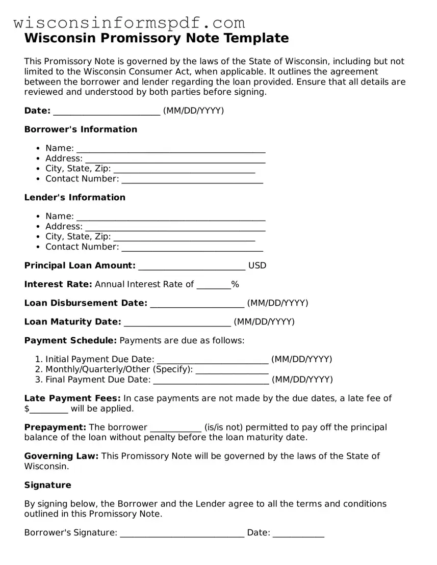 Fillable  Promissory Note Document for Wisconsin