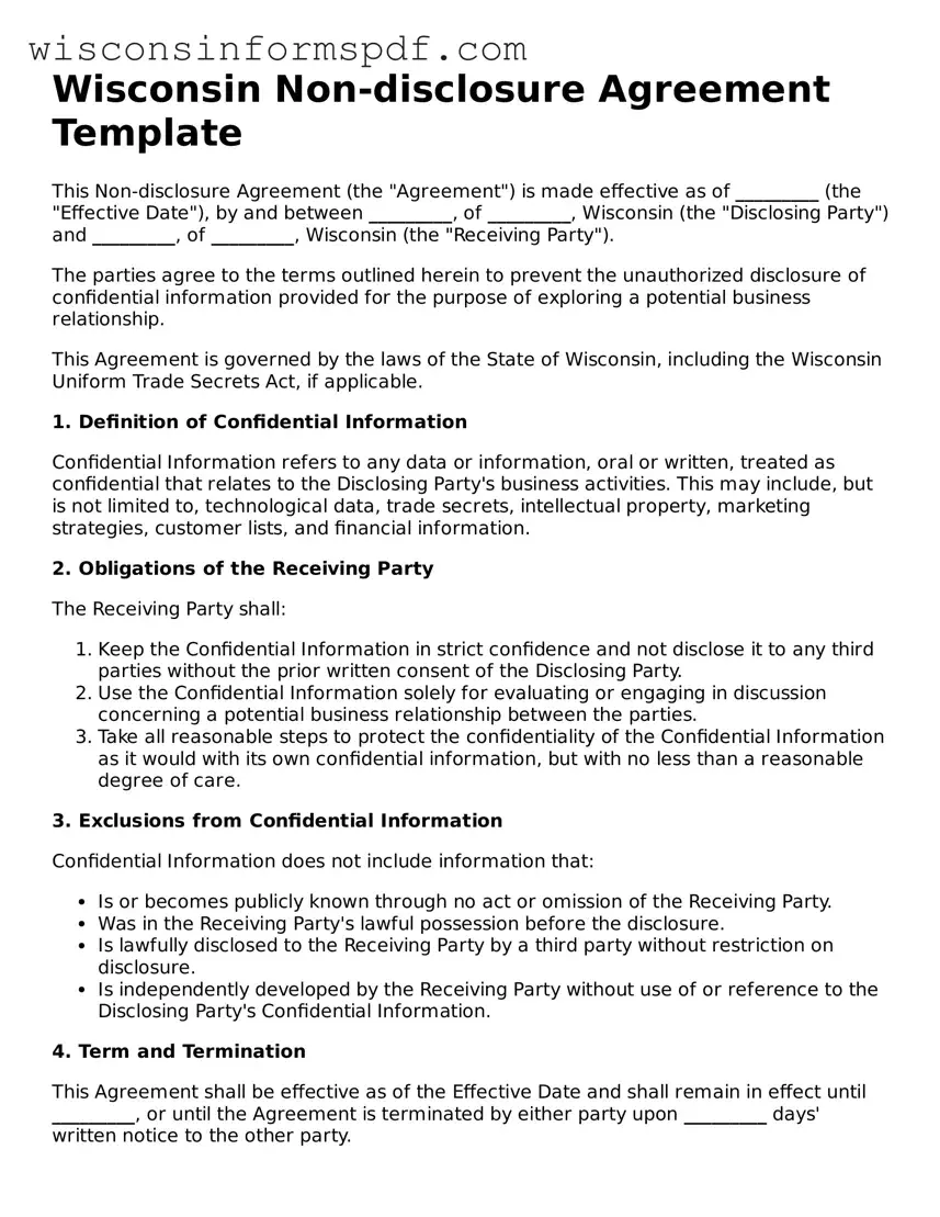 Fillable  Non-disclosure Agreement Document for Wisconsin
