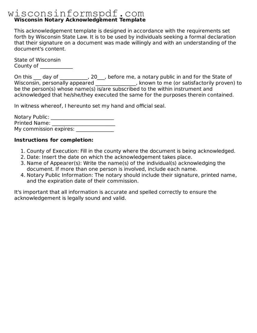 Fillable  Notary Acknowledgement Document for Wisconsin