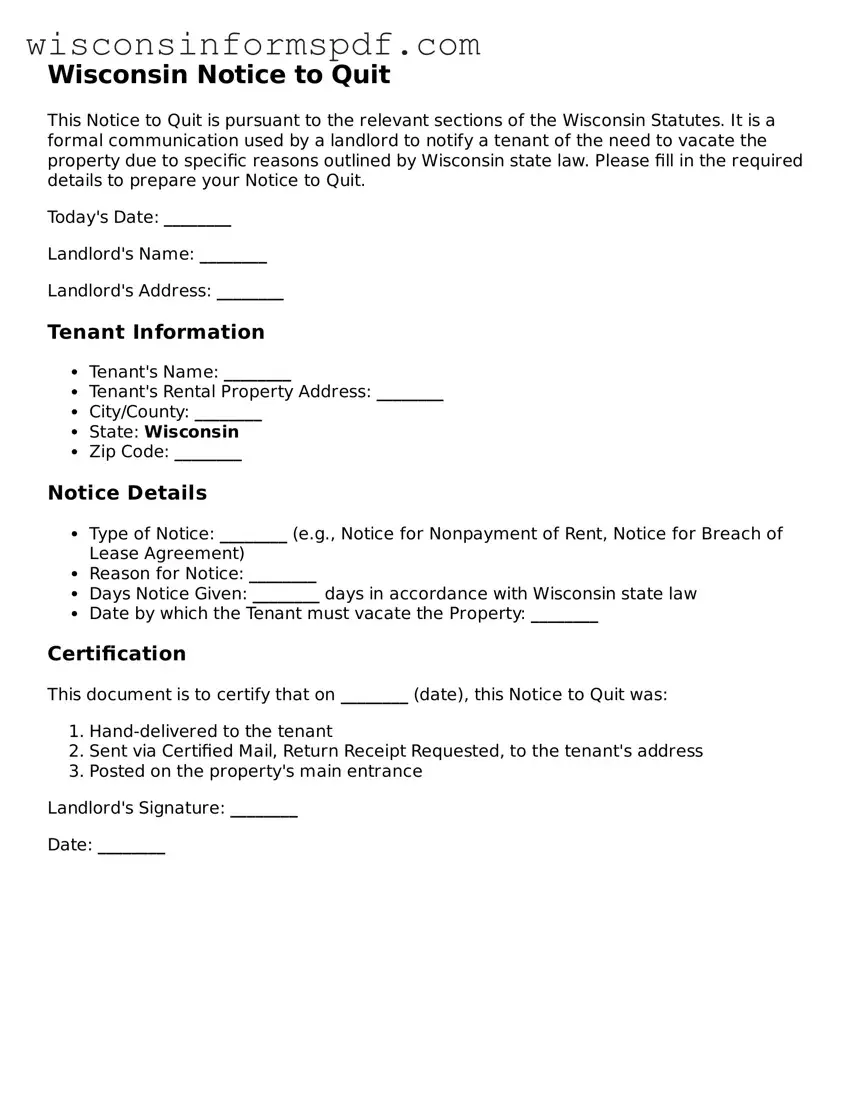 Fillable  Notice to Quit Document for Wisconsin
