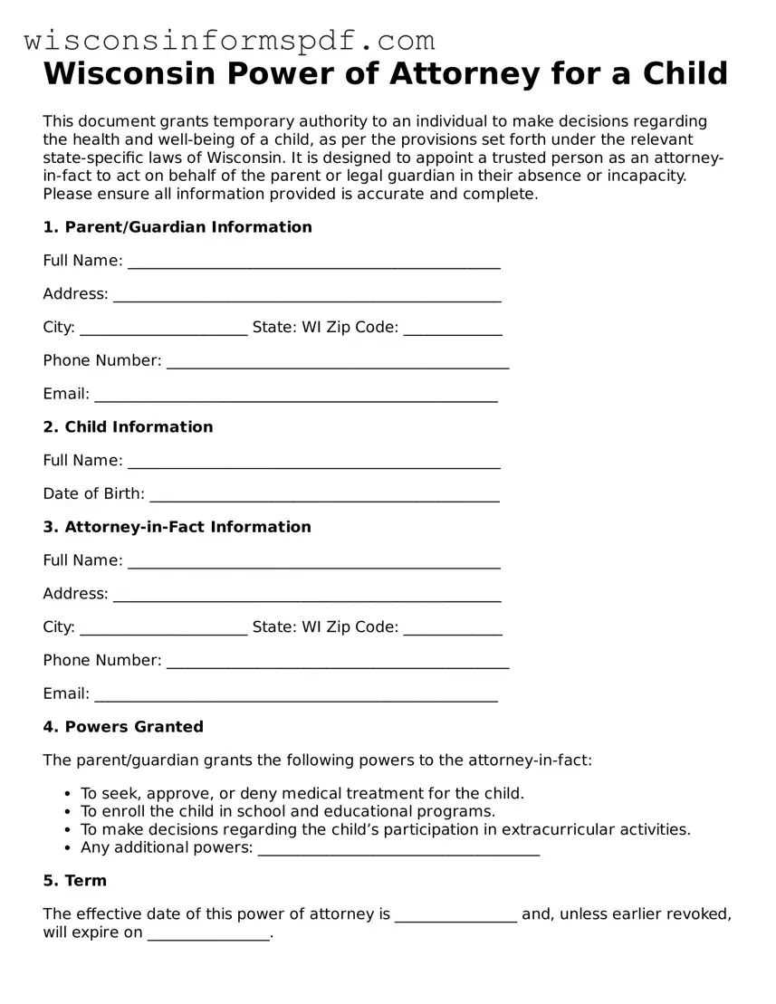 Fillable  Power of Attorney for a Child Document for Wisconsin