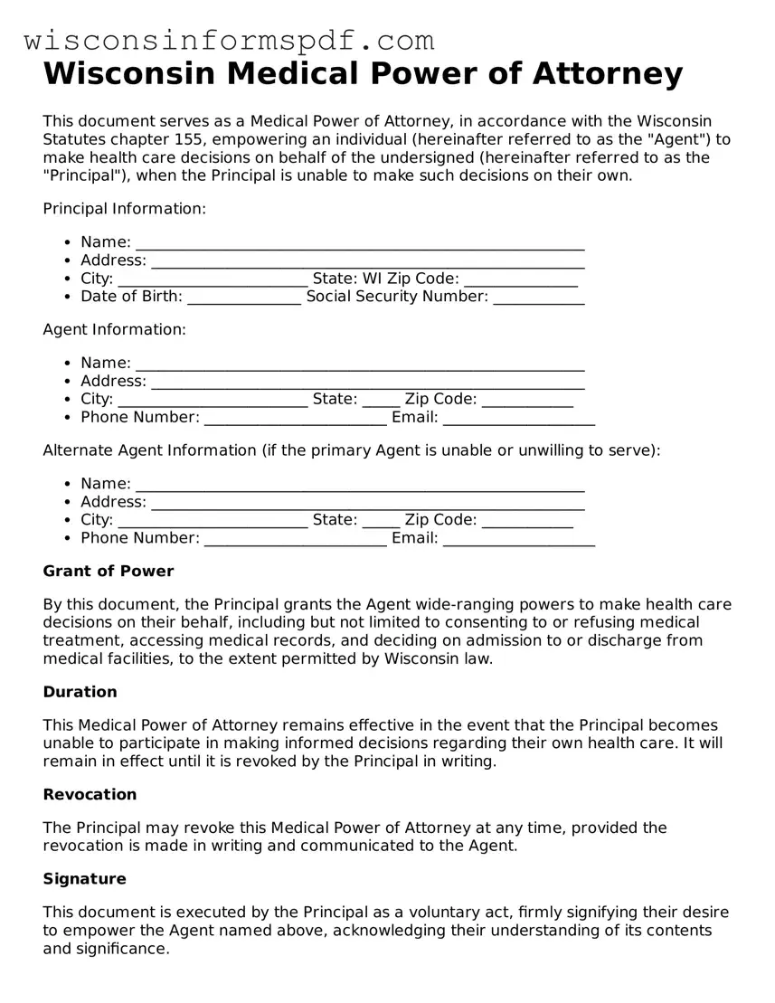 Fillable  Medical Power of Attorney Document for Wisconsin
