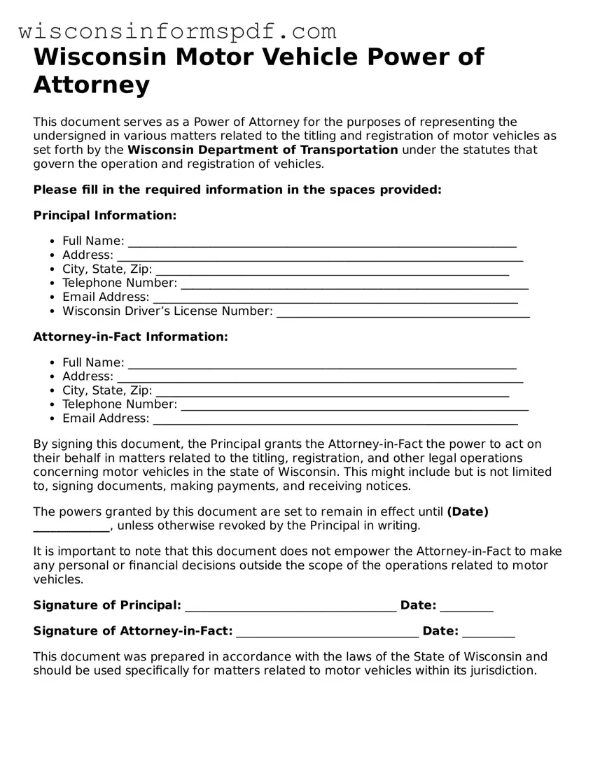 Fillable  Motor Vehicle Power of Attorney Document for Wisconsin