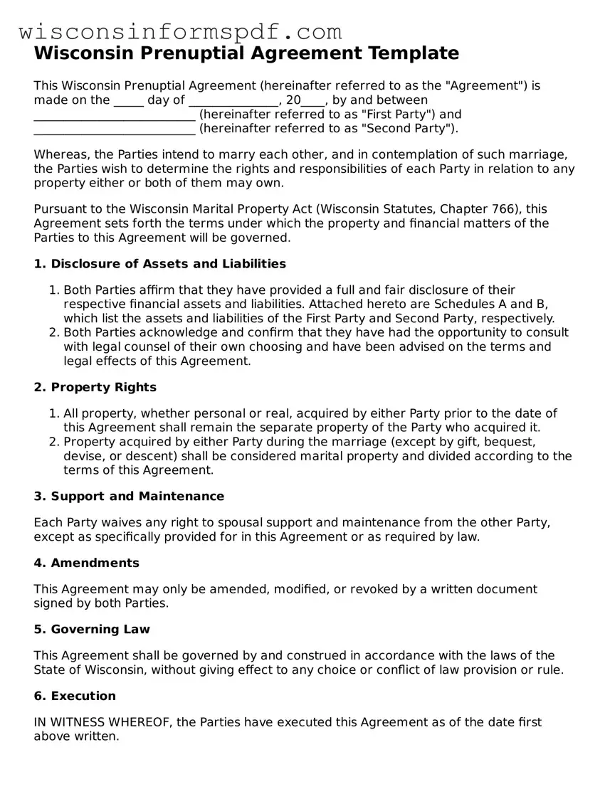 Fillable  Prenuptial Agreement Document for Wisconsin