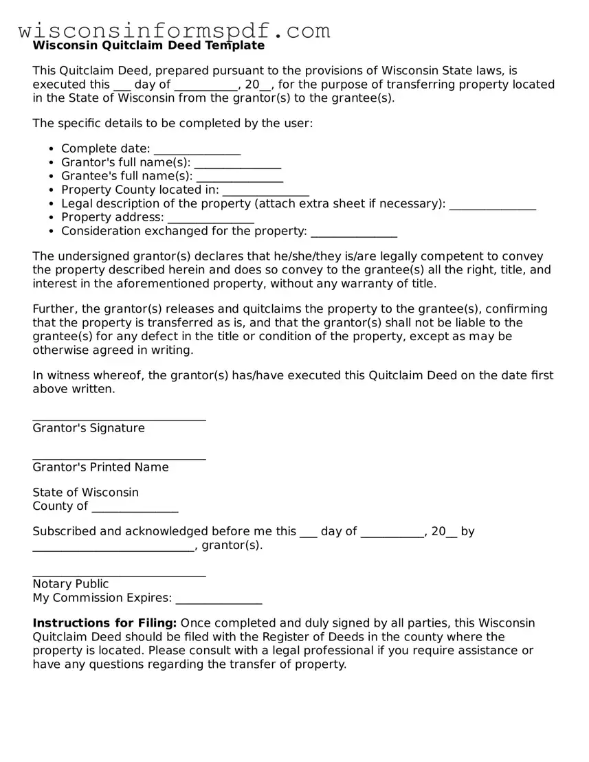 Fillable  Quitclaim Deed Document for Wisconsin