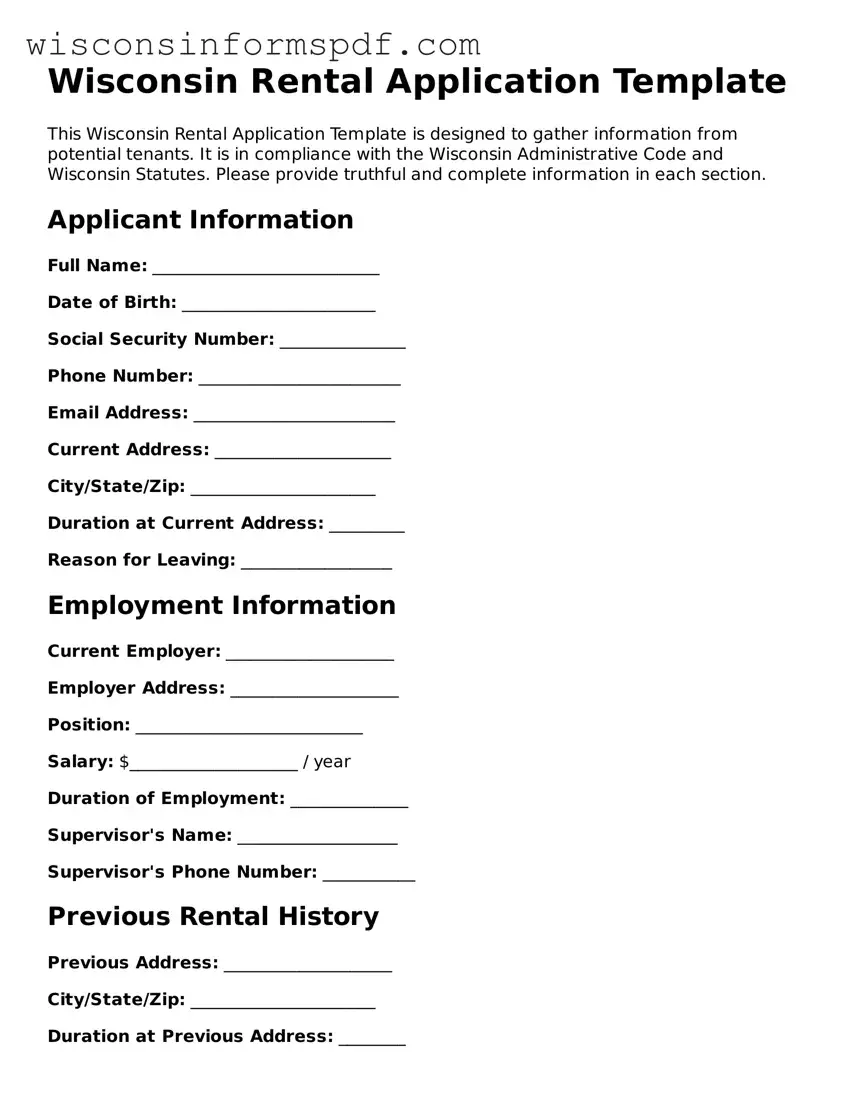 Fillable  Rental Application Document for Wisconsin