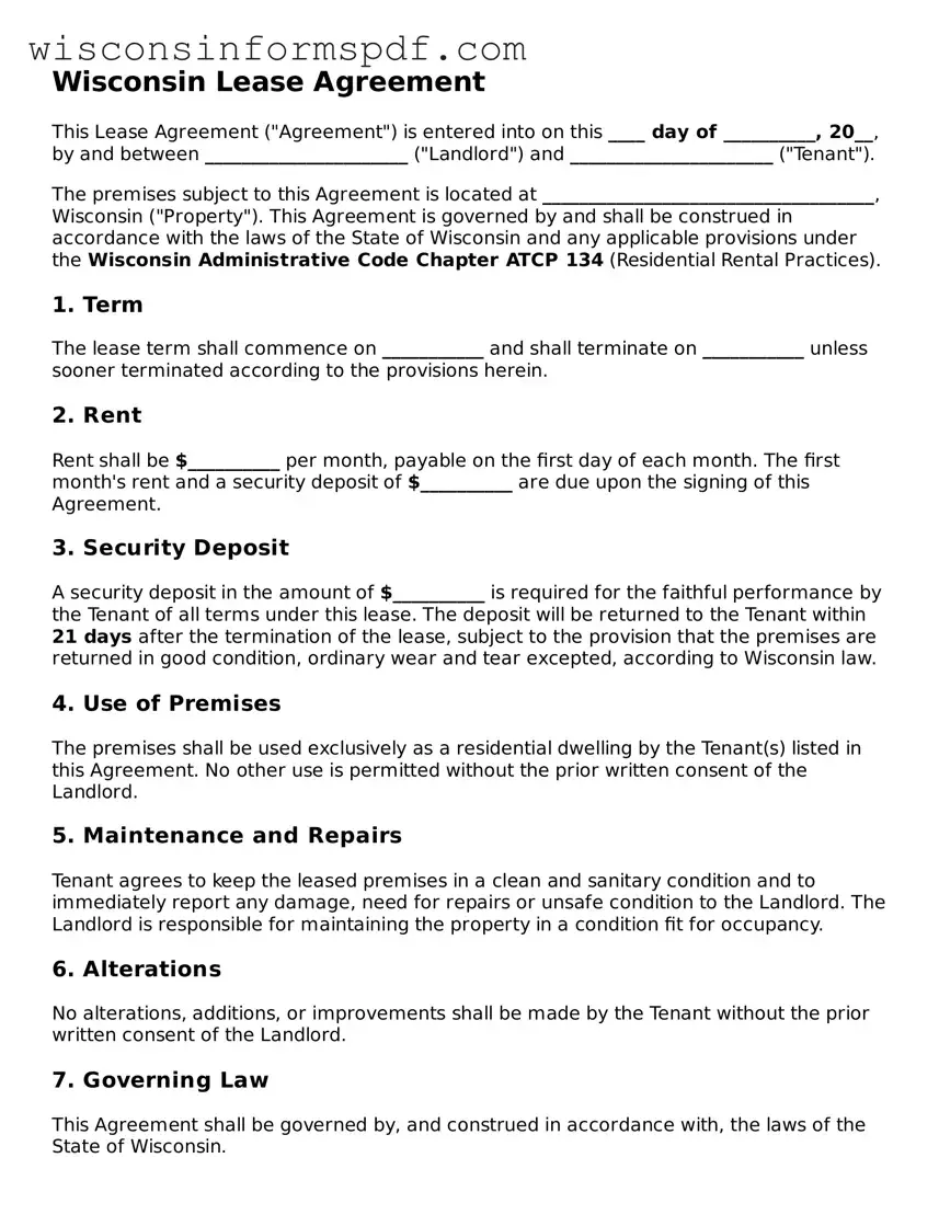 Fillable  Lease Agreement Document for Wisconsin