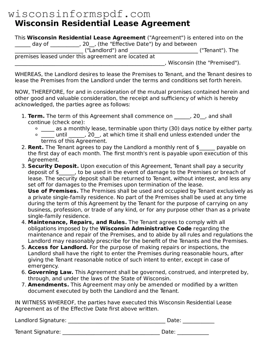 Fillable  Residential Lease Agreement Document for Wisconsin
