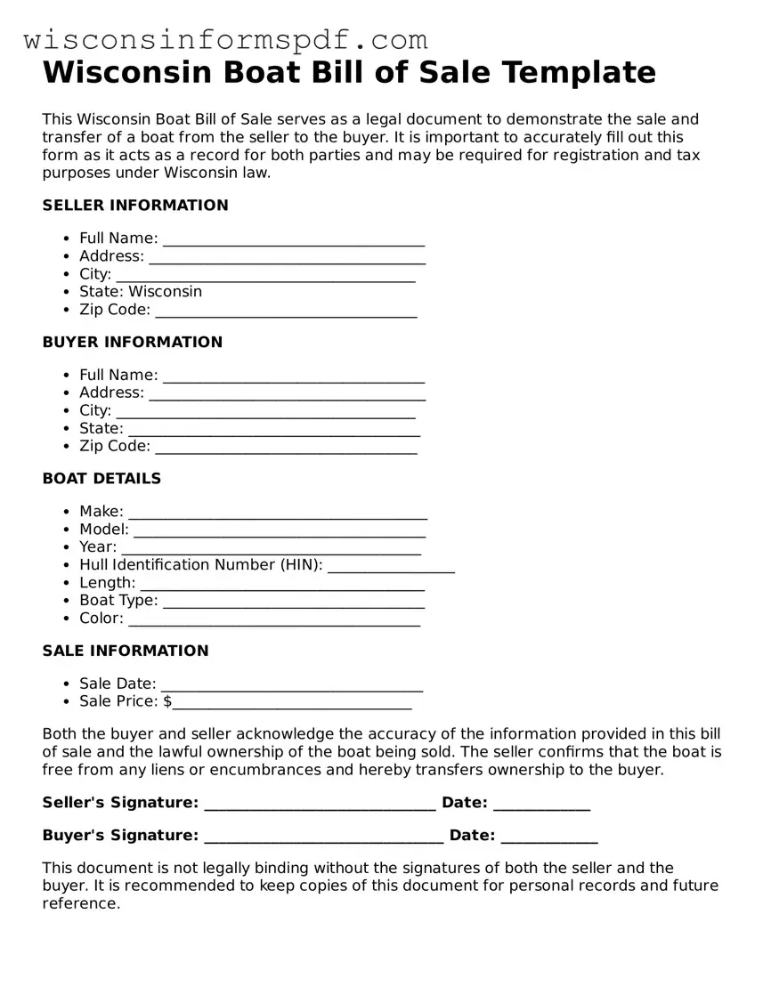 Fillable  Boat Bill of Sale Document for Wisconsin